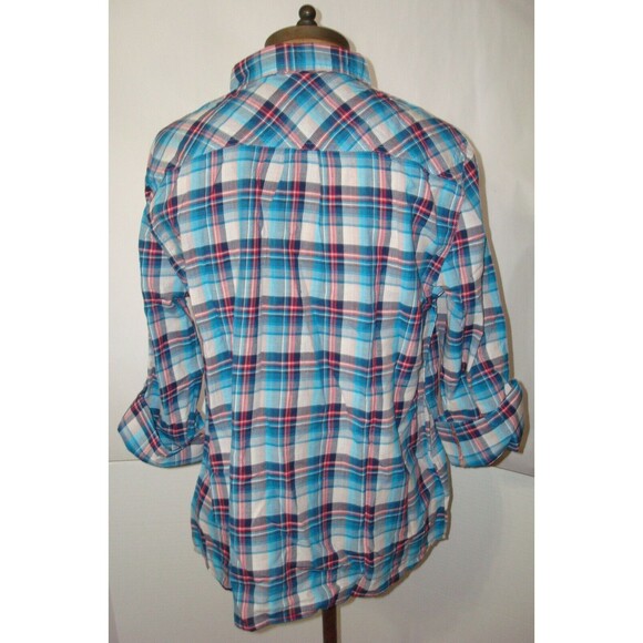 New Womens NWT M Blue White Red Pink PrAna Top Plaid Organic Casual Gina Roll - Picture 8 of 9